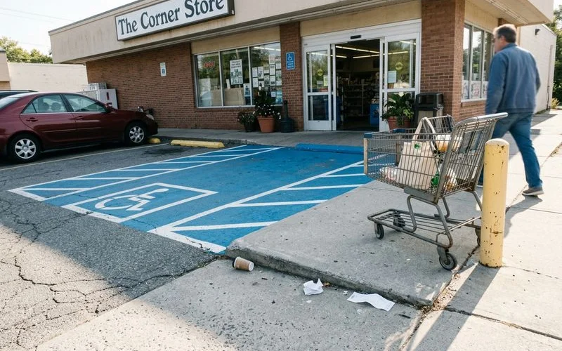 Accessible parking bay with a settled concrete path leading to a store entrance