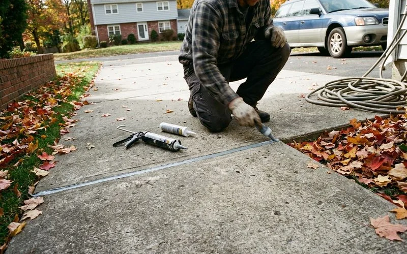 Autumn driveway with joints being resealed before winter, leaves at the edges