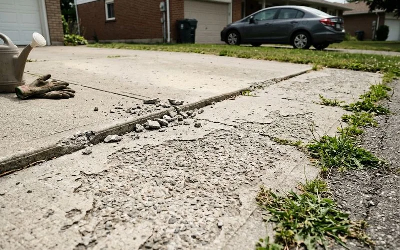 Badly deteriorated driveway with spalling surface and multiple broken fragments