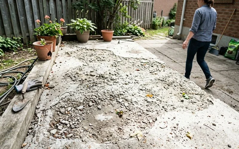 Badly spalled and crumbling concrete surface with exposed aggregate, a slab past lifting