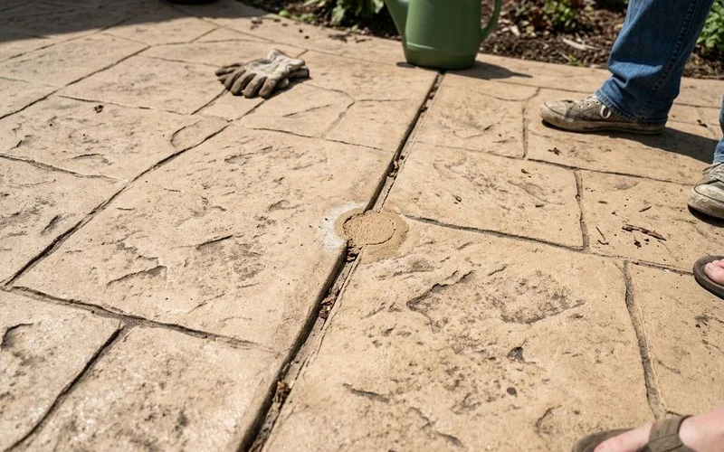 Close-up of a stamped concrete grout line with a discreet patched port