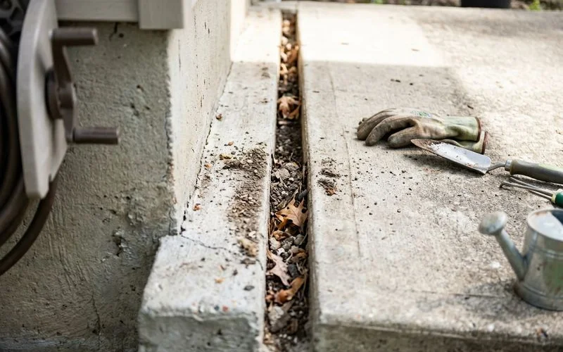 Close-up of the separation joint between a stoop and a foundation wall, debris in the gap