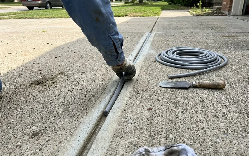 Closed-cell backer rod being set into a cleaned control joint at the correct depth