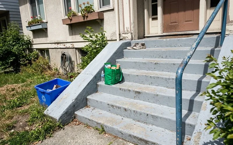 Common entry steps at a rental building with a settled corner and worn handrail