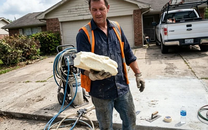 Contractor holding a block of cured polyurethane foam in one hand, showing how light it is