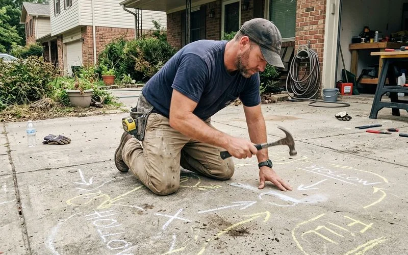 Contractor tapping a slab with a hammer listening for hollow sections, marks chalked