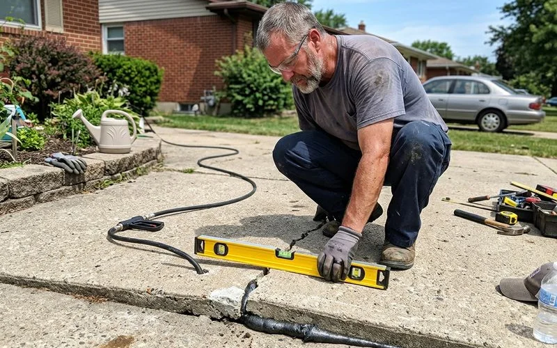 Contractor watching a level while foam lifts a slab, hose running off frame