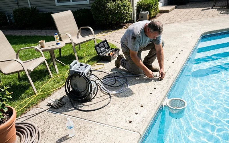 Contractor working carefully on a pool deck slab, small ports drilled near the edge