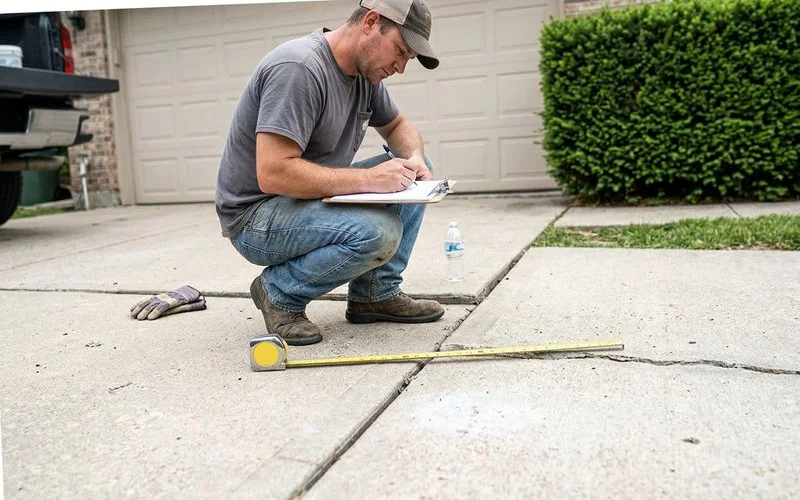 Contractor writing a quote on a clipboard beside a settled driveway slab