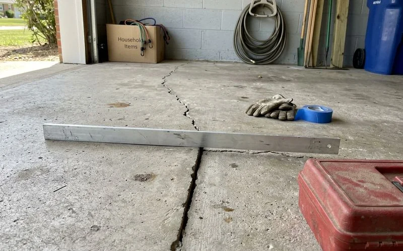 Crack running across a garage slab with a slight vertical step at the joint
