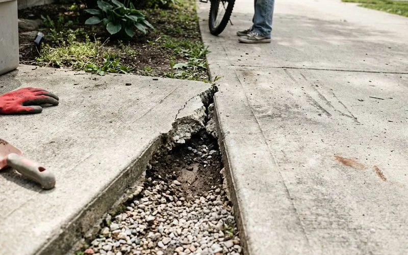 Cracked driveway joint with a visible gap and washed-out base beneath the slab edge