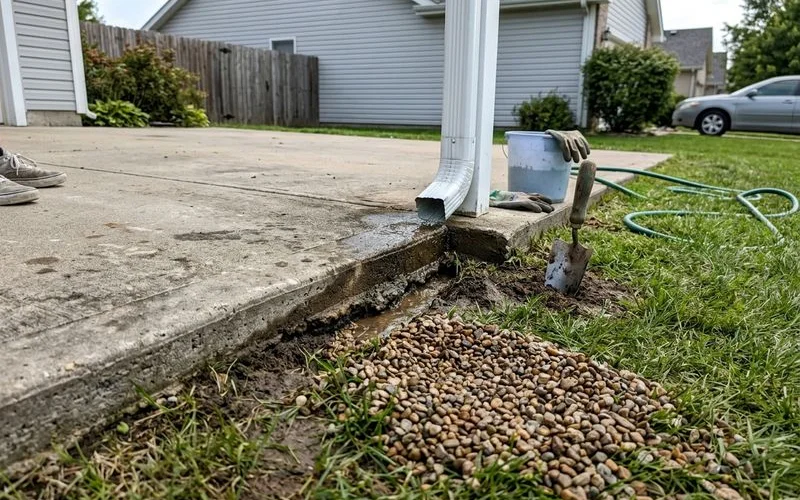 Downspout discharging onto a driveway edge with visible erosion at the slab joint