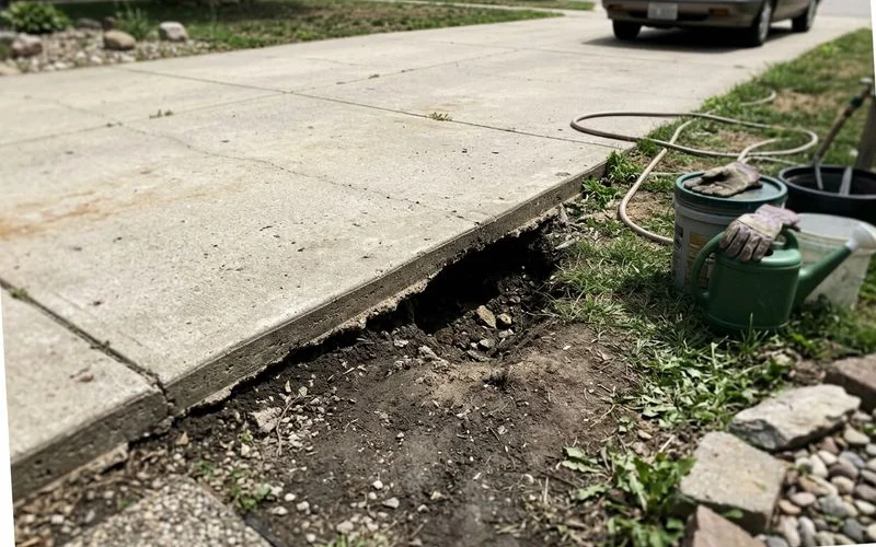 Eroded channel under a driveway edge where runoff has carried the base away
