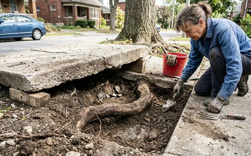 Exposed tree root running beneath a lifted section of concrete path