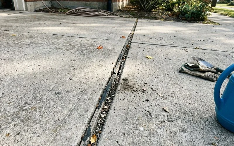 Failed joint sealant pulling away from one concrete edge, cracked and packed with grit