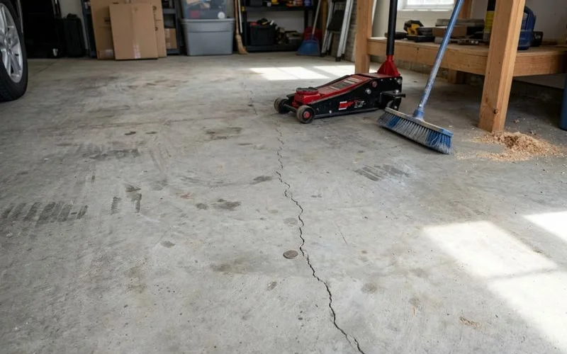 Fine hairline shrinkage crack in a garage slab with no vertical movement
