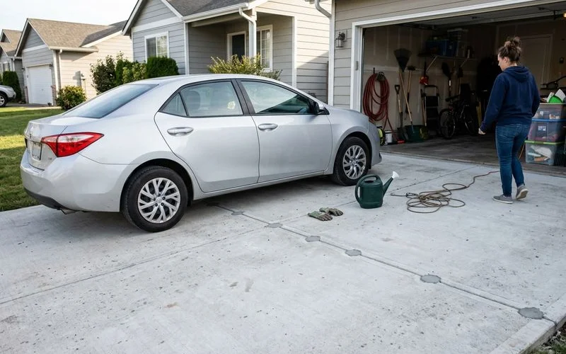 Freshly lifted driveway back in use the same day with a car parked on it