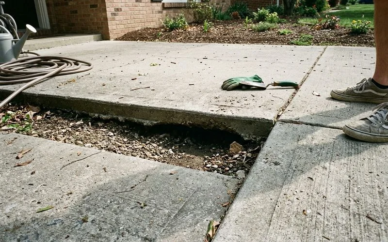 Gap under a driveway slab edge showing the eroded base beneath it