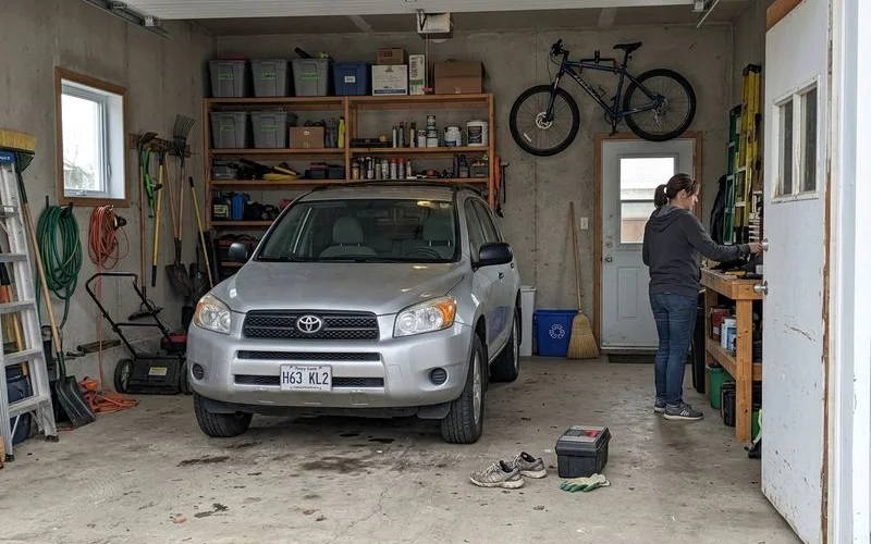 Garage back in normal use with stored belongings and a car, floor level again