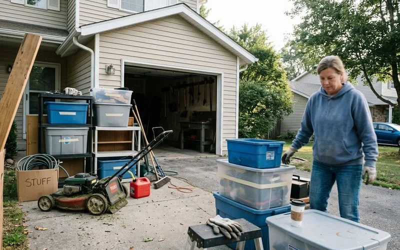 Garage contents stacked in a driveway ready for the work to start