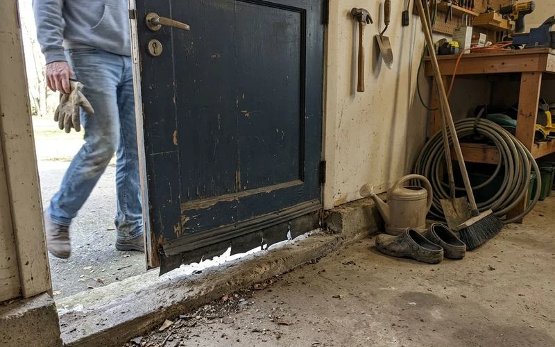 Garage service door with a visible gap at the threshold and worn weather seal
