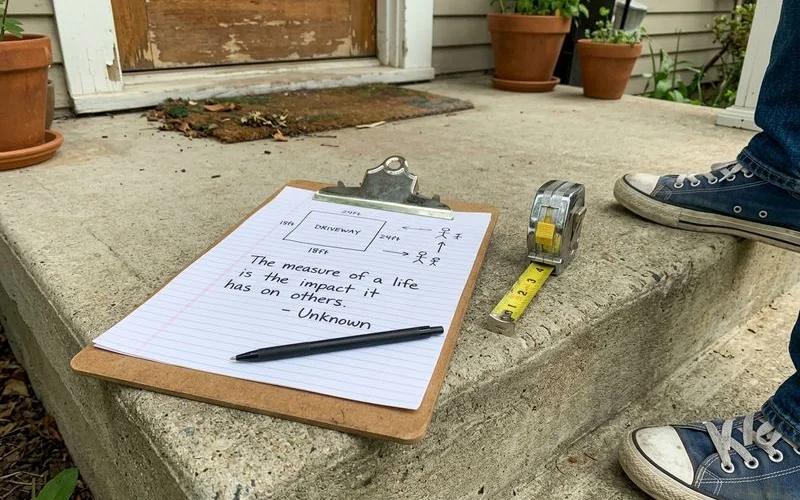 Handwritten written quote on a clipboard resting on a concrete step