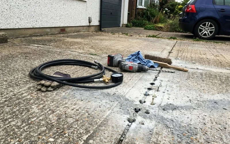 Injection hose and control gauge resting on a driveway mid-job