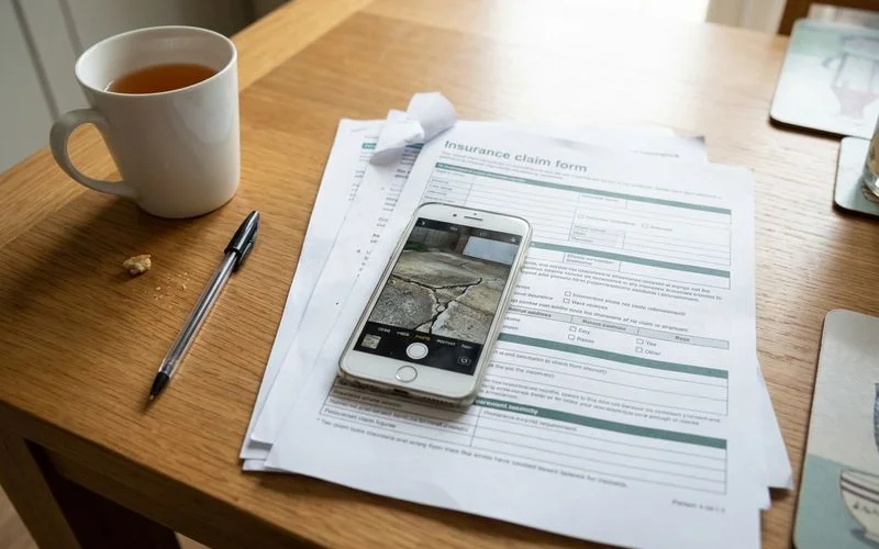 Insurance paperwork on a kitchen table beside a phone showing a photo of cracked concrete