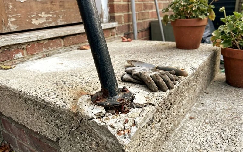 Loose handrail post at a settled concrete stoop, mortar cracked at the base