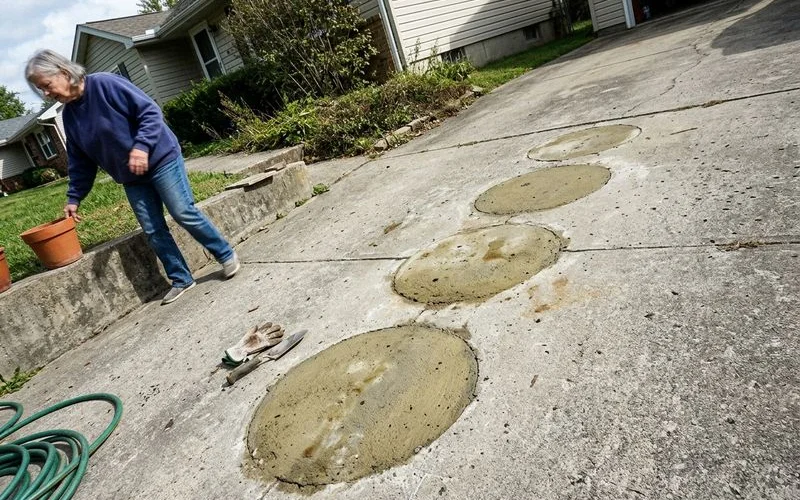 Older driveway showing large circular mudjacking patches weathered to a different shade