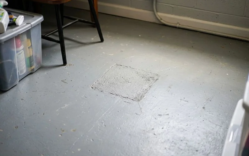 Patched injection port on a painted basement floor, barely visible