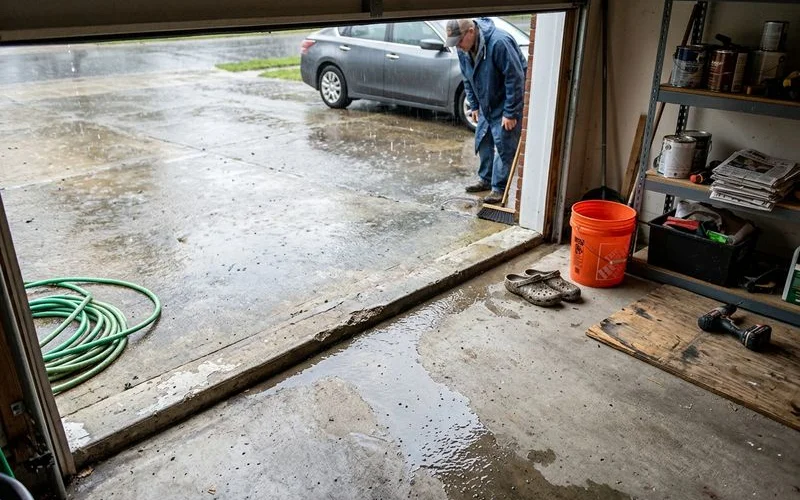 Water running into an open garage over a settled apron slab after rain