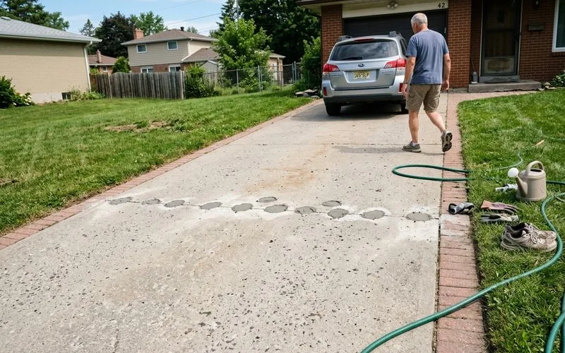 The same driveway after a foam lift instead, lawn and edging untouched with patched ports visible