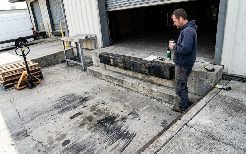Settled concrete apron at a loading dock door with a step at the threshold