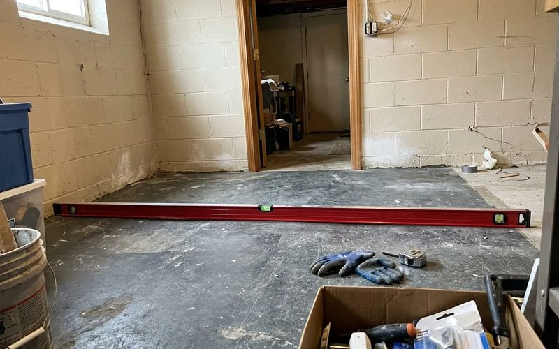 Level laid across a dipped basement floor with plumb walls behind it