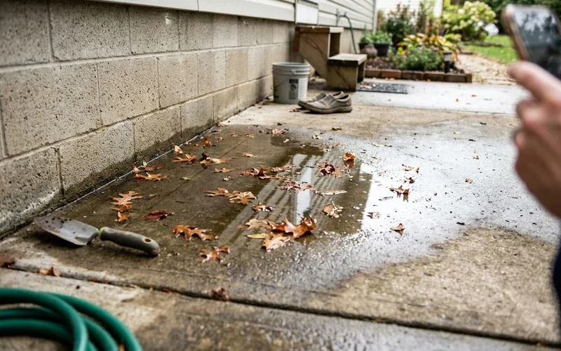 Standing water on a patio slab beside a foundation wall after rain