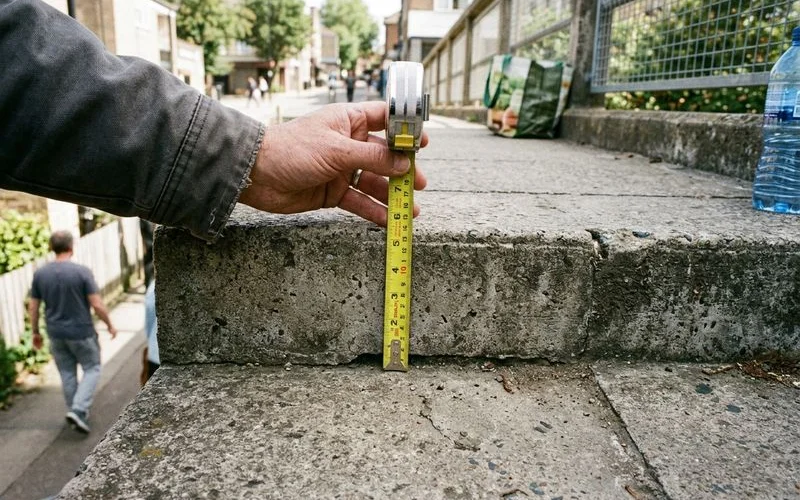 Tape measure held against a raised walkway joint showing the vertical offset
