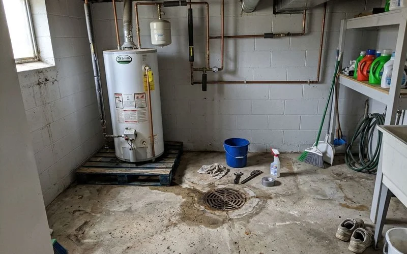 Utility room slab settled around a floor drain, water heater on a stand nearby