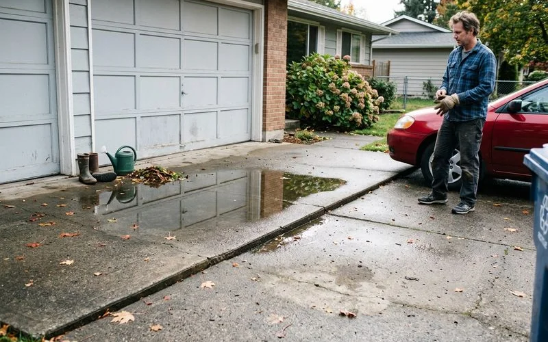Wide shot of a two-car driveway with a visibly dropped section near the garage