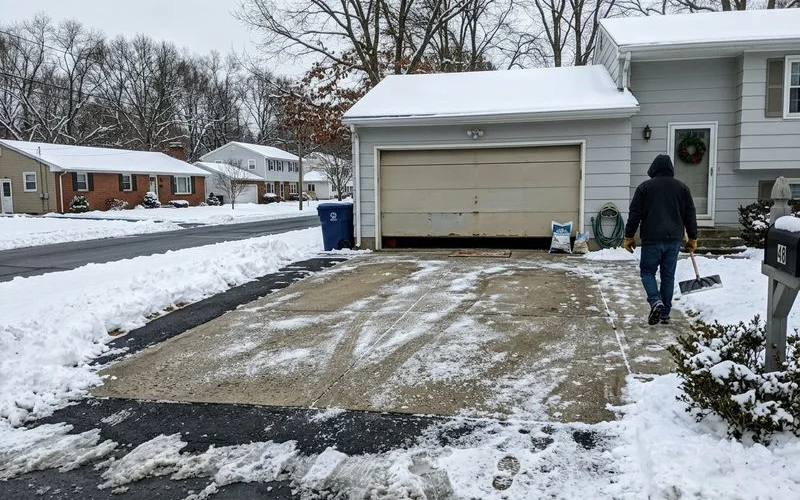 Winter street scene in a Hartford-area suburb with a salted concrete apron by a garage
