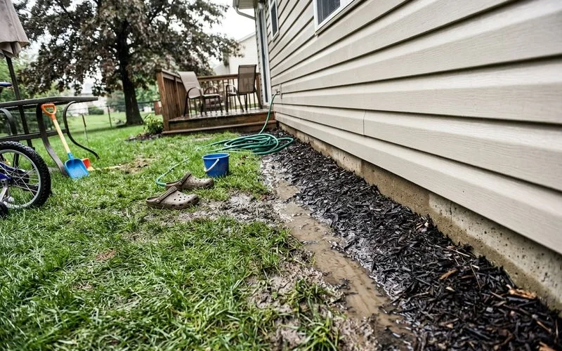 Yard graded toward the house with water tracking along the foundation line