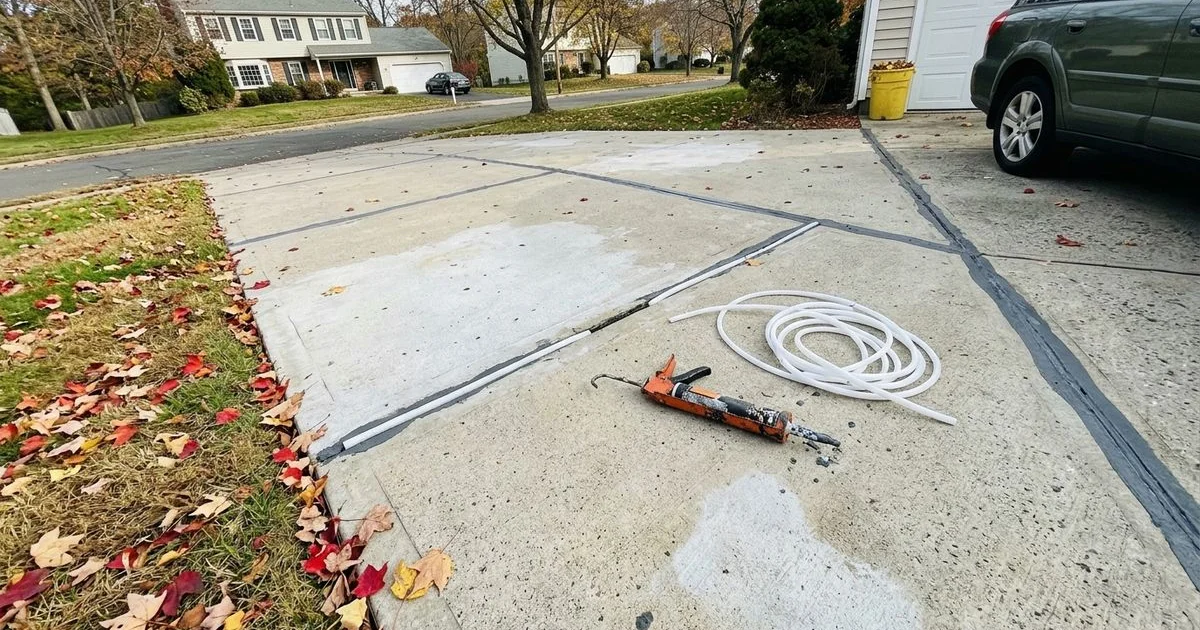 Autumn driveway in a Connecticut suburb with control joints being resealed before winter
