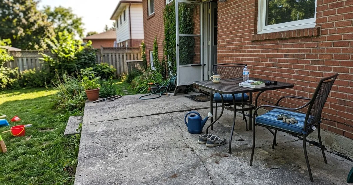 Backyard concrete patio visibly tilting toward the house with a gap at the wall