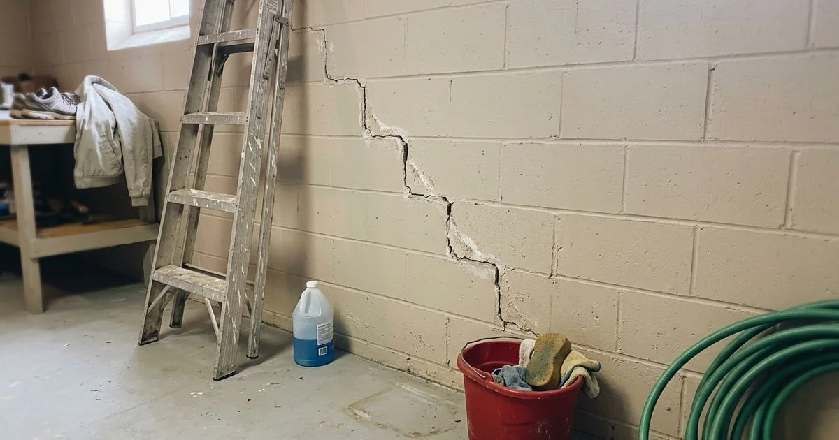 Basement wall with a stair-step crack in block work beside an intact concrete floor
