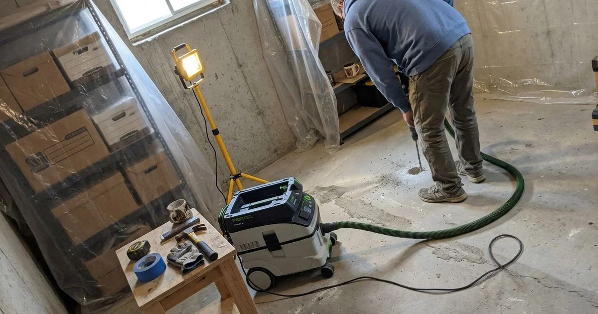 Basement work area with dust extraction set up beside a drilled slab, contents pushed back