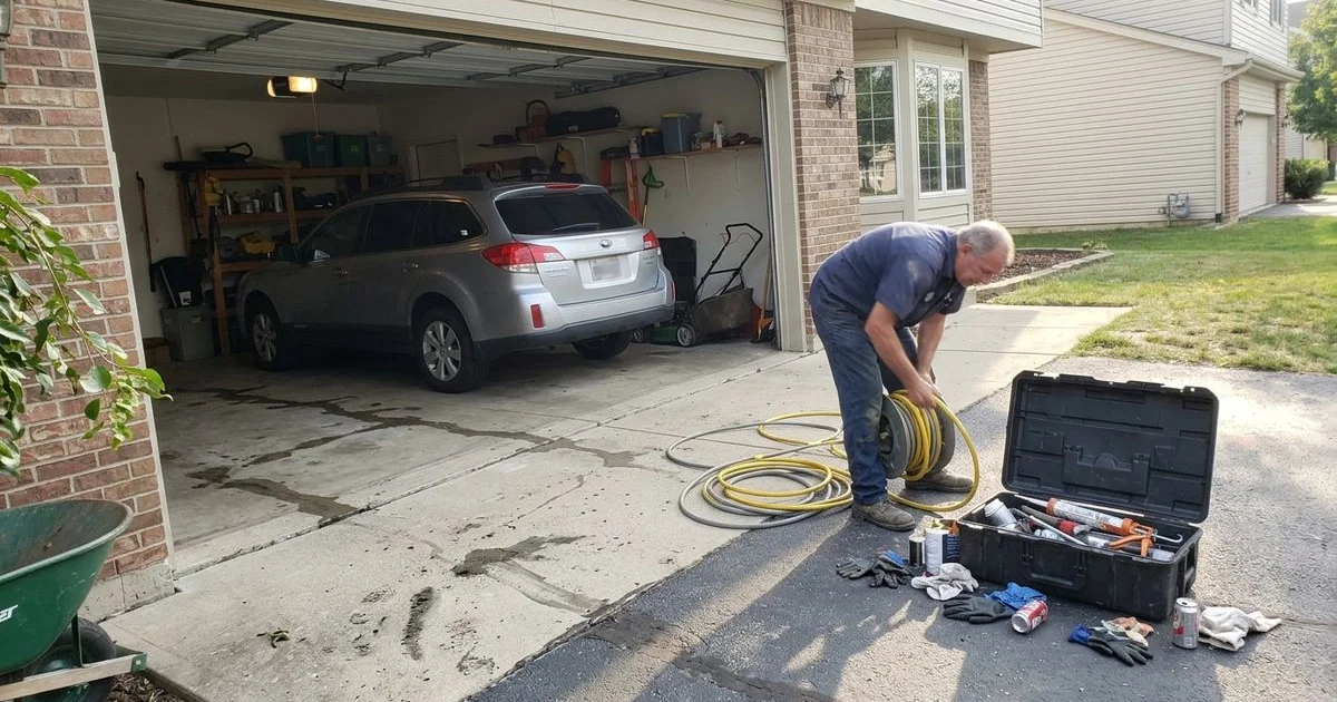 Car parked back inside a garage on the day of the repair, tools being packed up outside