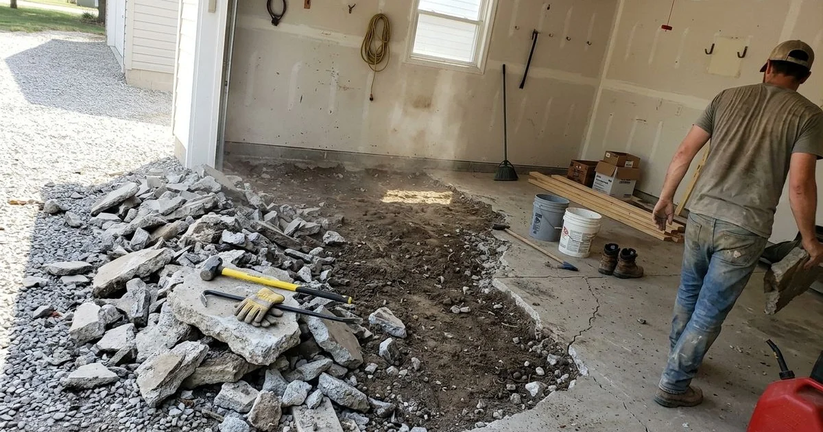 Completely emptied garage with the concrete floor being broken out, dust and debris