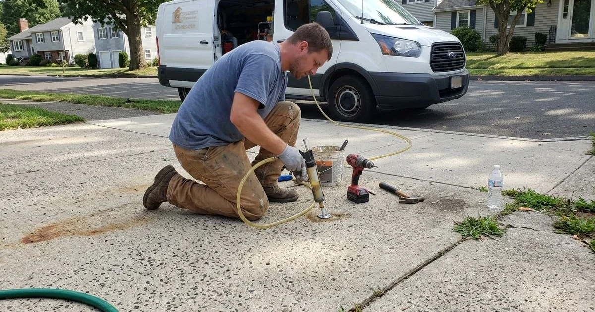 Contractor injecting polyurethane through a small port in a suburban Connecticut driveway slab