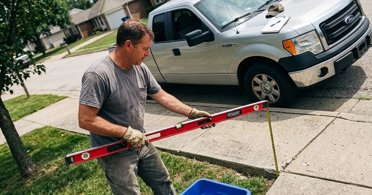 Contractor measuring a settled driveway slab with a level and tape, clipboard on the hood of a truck