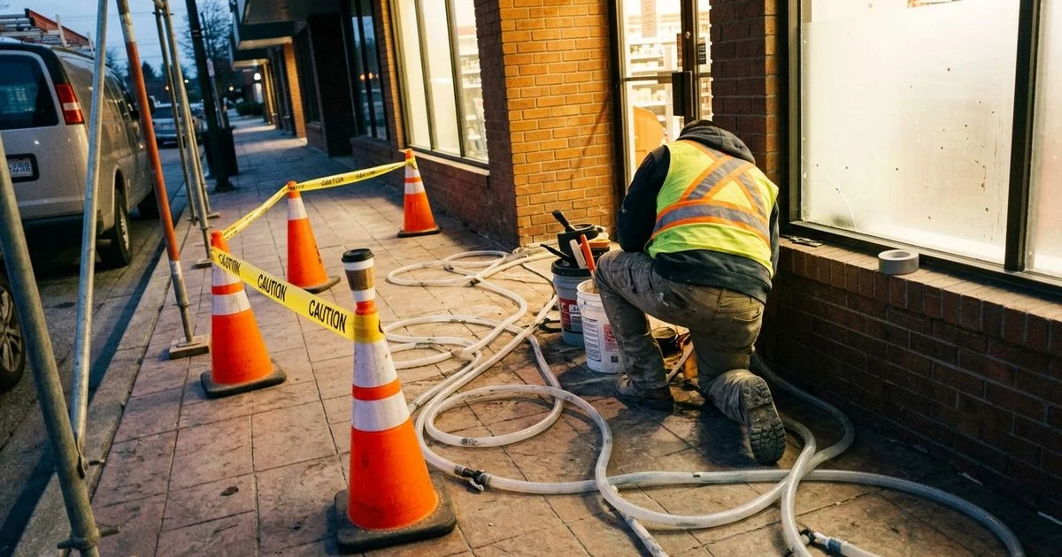 Cordoned-off section of a retail entrance being repaired after hours with cones and tape